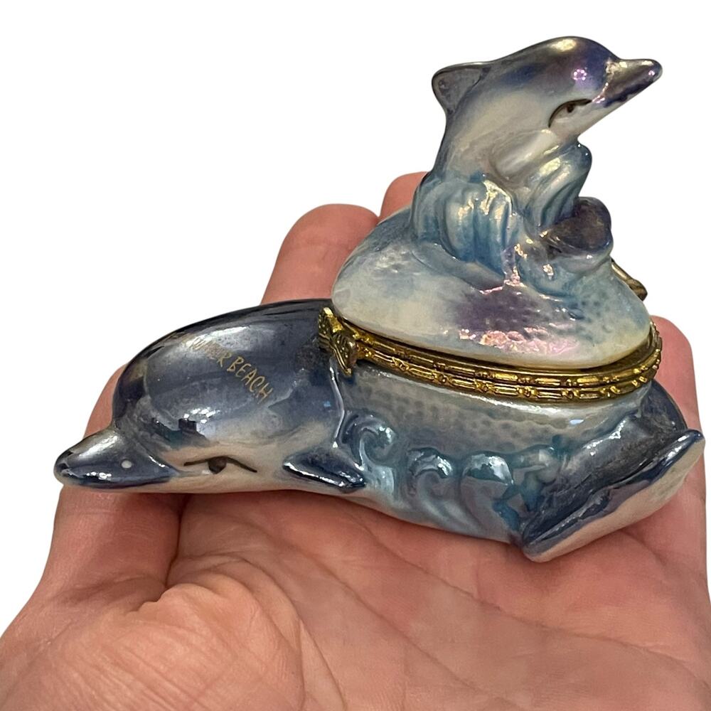 Vintage Dolphin Trinket Box Iridescent Glazed Hinged Beach Florida Nautical Sea